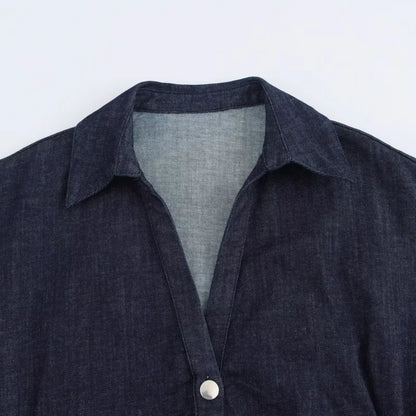 ETJ 2025  Spring New 1975 series denim MIDI dress with lapel side zipper fashion wrinkle waist slim elegant dress