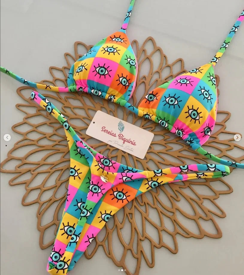 Print Sexy Bikini Sets Halter Lace-up Tops Thongs Beach Style Bathing Suit Y2k Swimsuits Women Beachwear Купальник Женский 2025