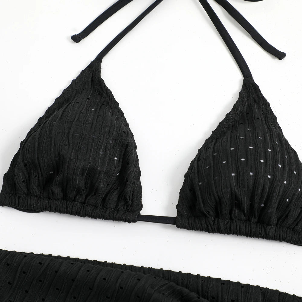 2025 Summer Halter Bikini 3 Pieces Women Special Material Sexy Thong Swimwear With Sarong Skirt White/Black/Pink/Green Beachwear