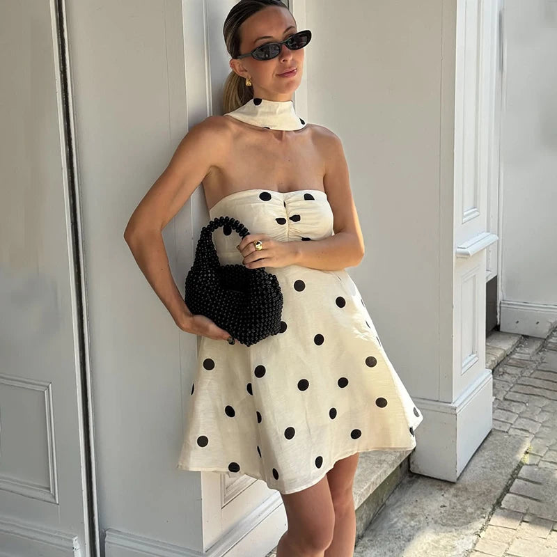 Ticketsx Polka Dot Dress Women's Sexy Scarf One Shoulder Backless Pleated Strapless Mini Dress Female Summer Luxury Loose Dress