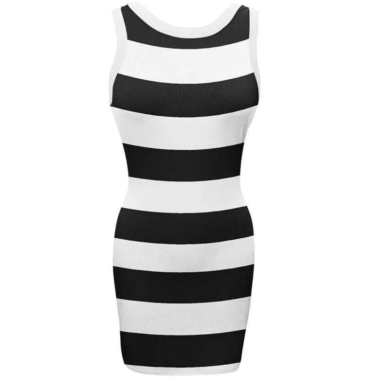 Summer Women Sundress Casual Women O-Neck Sleeveless Striped Print Boydcon Dress Slim A-Line Mini Stretch Vestidos YML-B9022