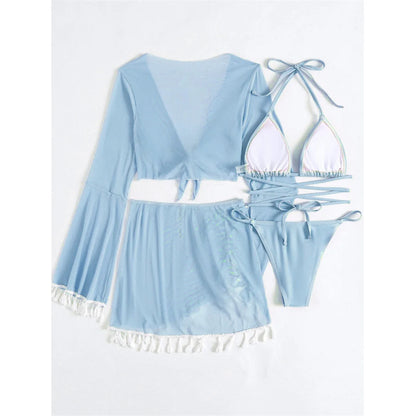 S - XL With Tassel Skirt Long Sleeve Bikini Women Swimwear Female Swimsuit Four-pieces Bikini set Bather Bathing Suit Swim V7060