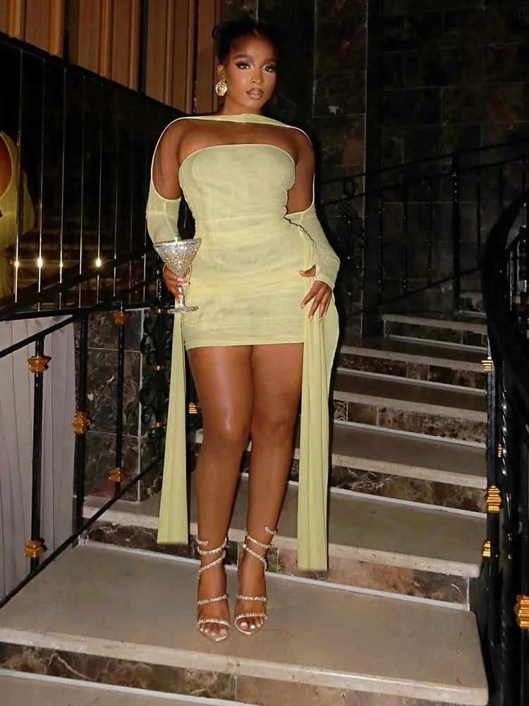 kliou Mesh Simple Women Mini Dress Fashion Solid Strapless Ribbons Tassel Body-shaping Vestidos+Seperately Full Sleeve Gloves