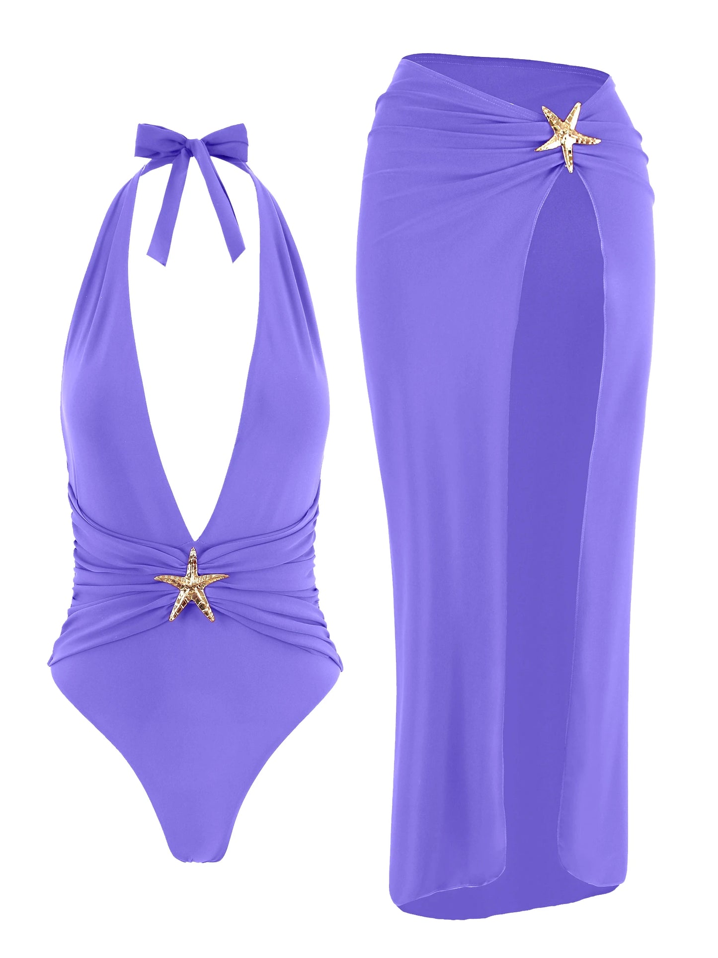 Starfish One Piece Bathing Suits with High Split Skirt Cover ups 2 Piece Swimsuits for Elegant Women Sexy Halter Bikini Sets K59