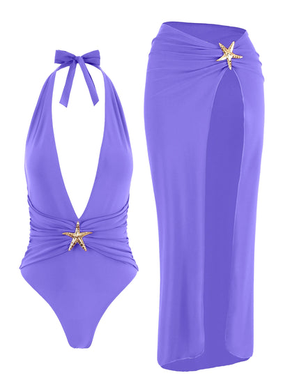 Starfish One Piece Bathing Suits with High Split Skirt Cover ups 2 Piece Swimsuits for Elegant Women Sexy Halter Bikini Sets K59