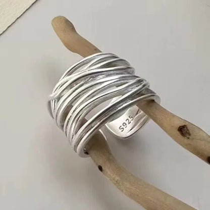 VENTFILLE 925 Sterling Silver Rings INS Fashion Hip Hop Vintage Couples Hollow Lines Punk Thai Silver Party Adjustable  Jewelry