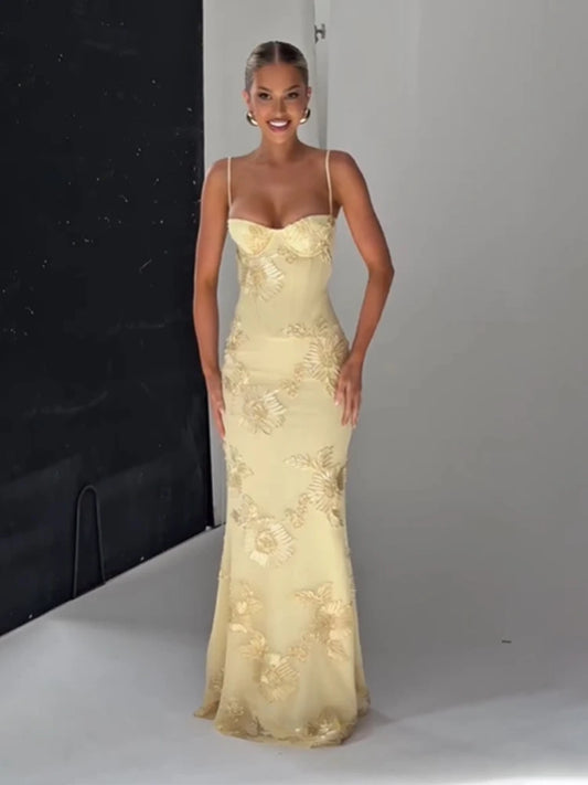 Women Elegant Printed Long Dress Chic Back Lace Up Slim Fish Tail Pendulum Sling Robes 2025 New Lady Party Club Evening Gowms