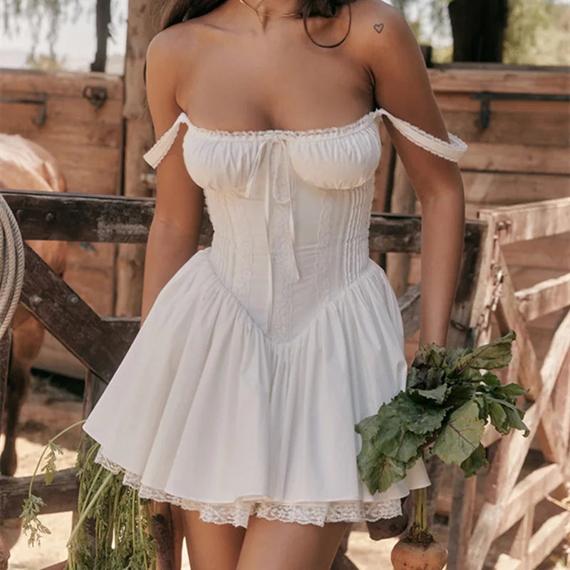 Sexy Lace Floral Corset Short Dress Elegant Women's White Yellow Sundress Female High Waist Mini Sun Dresses Summer 2025 New In