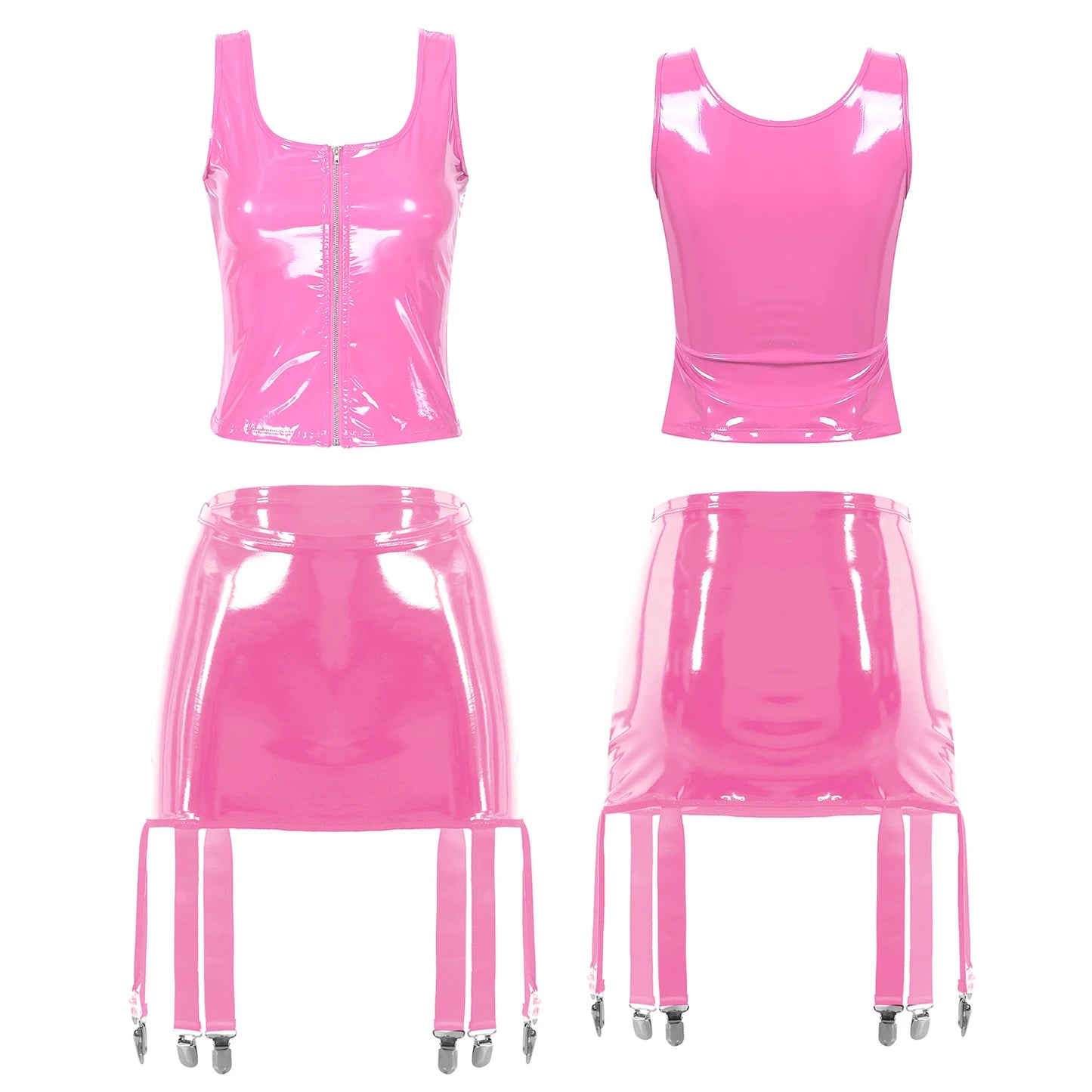 Womens Wet Look Patent Leather Lingerie Two Piece Set U Neck Zipper Tank Top with High Waist Garter Skirt Club Party Costume