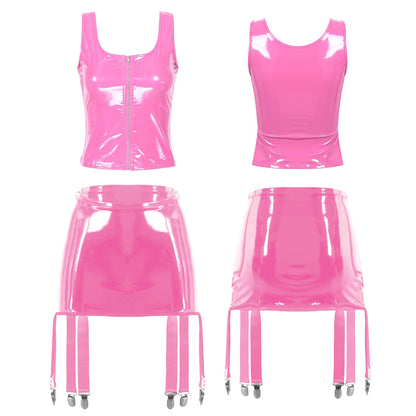 Womens Wet Look Patent Leather Lingerie Two Piece Set U Neck Zipper Tank Top with High Waist Garter Skirt Club Party Costume