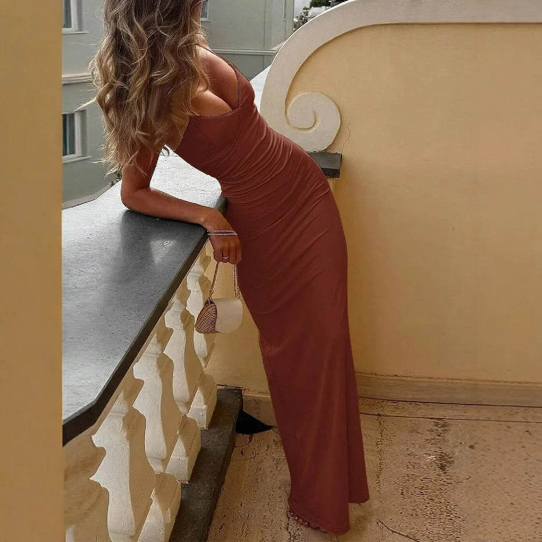 Summer Women's V-neck Yellow Dress With Sexy Backless Women's Casual Slim Dyed Suspender Long Skirt, Suitable For Beach Parties