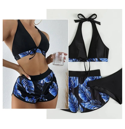 Women 2025 New Bikinis 6 Colors Sexy Halter Bikini 3 Piece Set Leafs Print High Waisted Swimsuit Beach Bathing Suit Size S-XXL