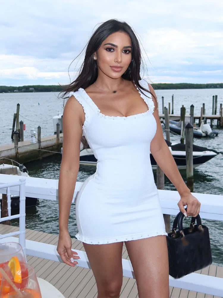 HH Female Summer Sexy Slim Dress 2 Color Solid Square Collar Sleeveless Backless Flower Decoration Women's Fashion Dresses