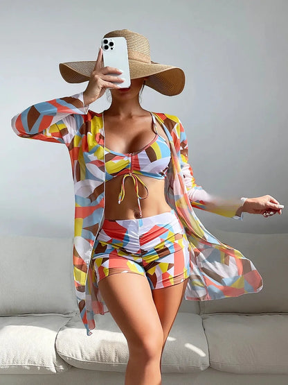 Mingyi New Multi-Color Mesh Cover up Sexy Leg Lengthening Swimsuit Top Bottoms Three-Piece Set Women's Swimwear