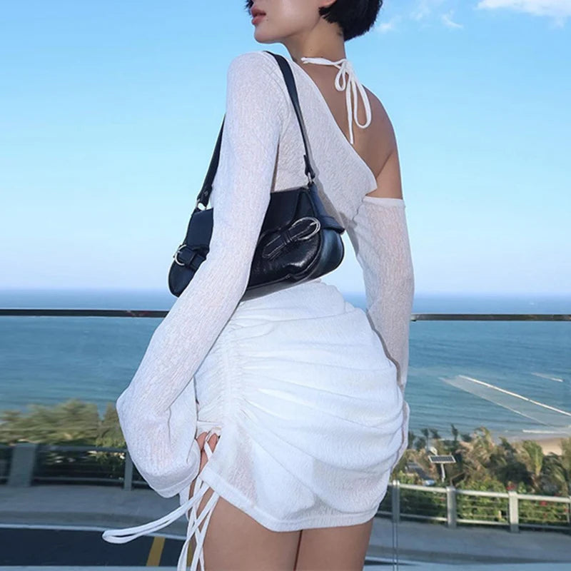 ALLNeon Fairycore White Perspective Oblique Shoulder Long Sleeve Mini Dress Hotsweet Shirring Hipster Dresses Sexy Clubwear Y2K