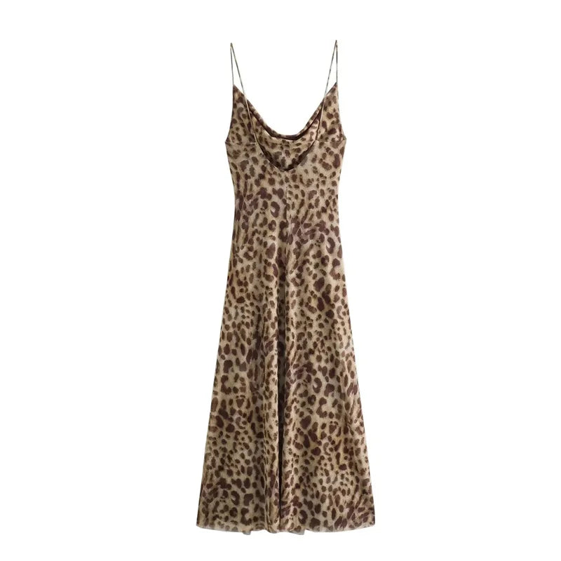 MUJER Leopard Print Tulle Slip Dress Woman Backless Summer Long Dresses For Women Vintage Sexy Party Dresses Midi Holiday Dress