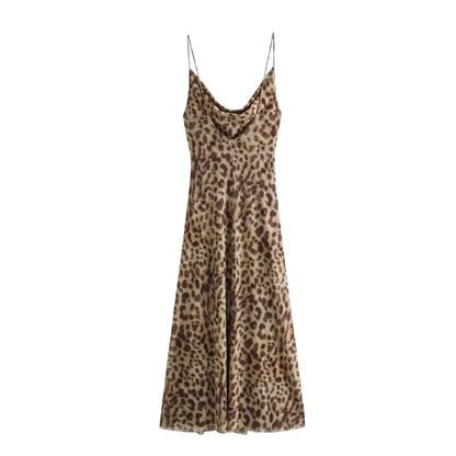 MUJER Leopard Print Tulle Slip Dress Woman Backless Summer Long Dresses For Women Vintage Sexy Party Dresses Midi Holiday Dress