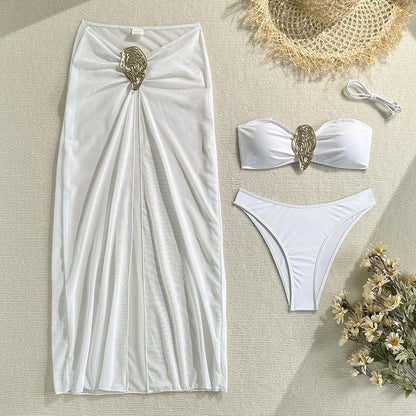 Vintage White Swimsuit Women Metal Oyster Buckle Push Up Mesh Long Skirt 3 Piece Bikini Set 2025 Holiday Bathing Suit Swimwear
