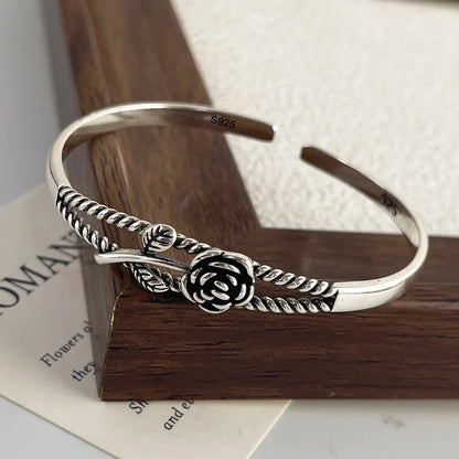 100% Solid 925 Sterling Silver Metal Bracelet for Women Vintage Handmade Simple Retro Flower Chain Bracelet Birthday Gift Party