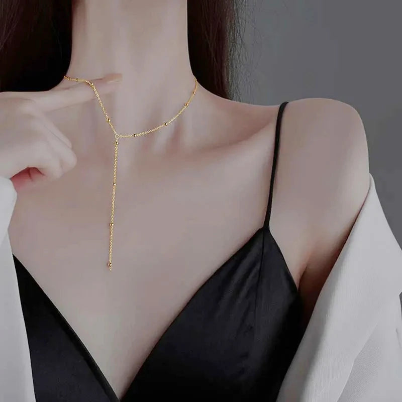 LATS Gold Color Double Layered Long Tassel Chain Necklaces for Women Simple Metal Geometric Bead Choker Necklace Fashion Jewelry