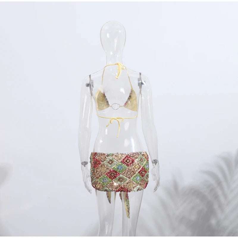Sexy Sequin Bikini Skirt Sets Women Fashion Holiday Lace Up Top Ribbon Mini Skirts Female 2026 Summer Beach Lace Up Suits Lady