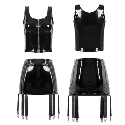 Womens Wet Look Patent Leather Lingerie Two Piece Set U Neck Zipper Tank Top with High Waist Garter Skirt Club Party Costume