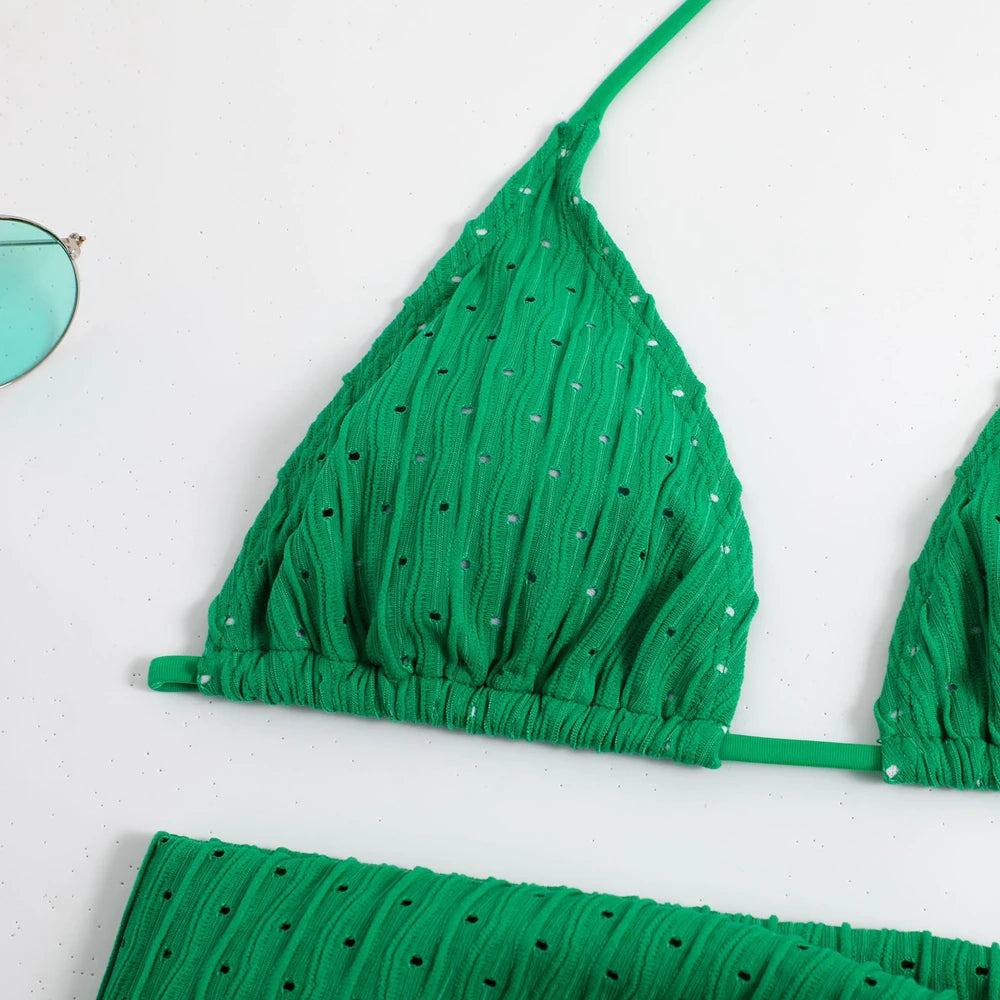 2025 Summer Halter Bikini 3 Pieces Women Special Material Sexy Thong Swimwear With Sarong Skirt White/Black/Pink/Green Beachwear