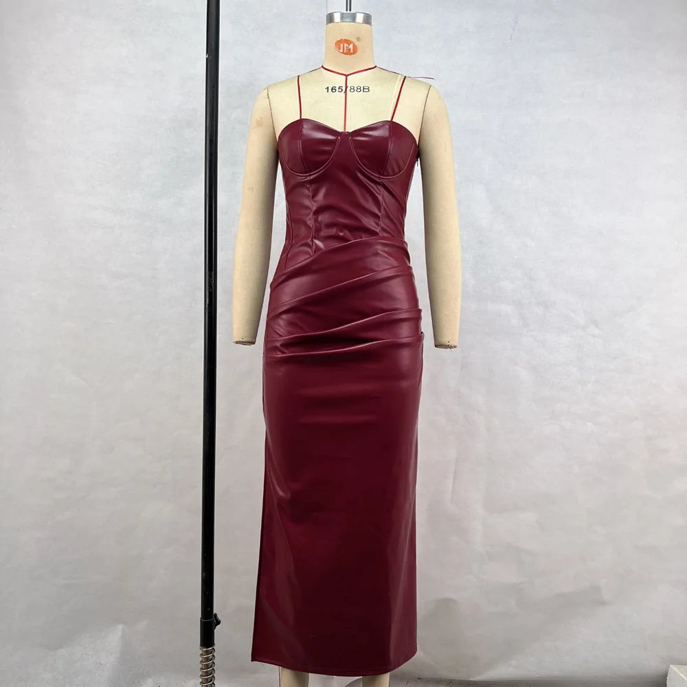 Luxury Leather Strapless Short Dress Chic Womens Summer Sexy Party Waist Curvy Dresses 2025 Evening Red Green Brown Y2K Cocktail