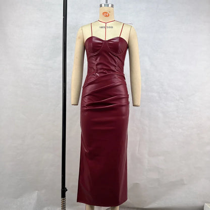 Luxury Leather Strapless Short Dress Chic Womens Summer Sexy Party Waist Curvy Dresses 2025 Evening Red Green Brown Y2K Cocktail