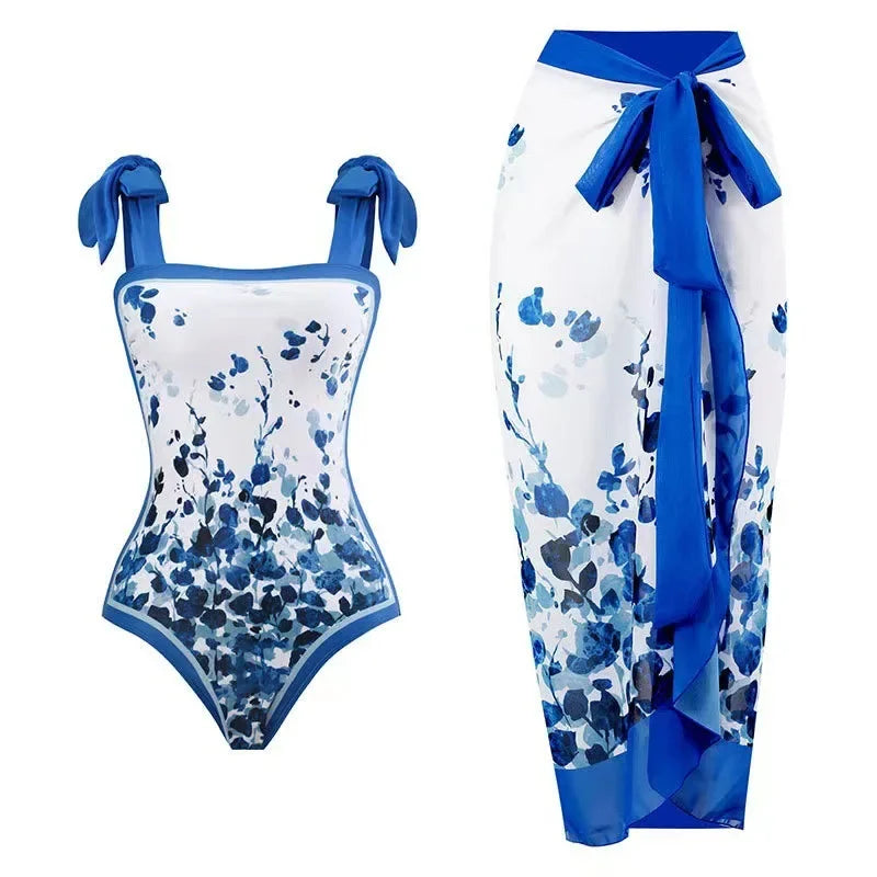 Conservative Bikini One-Piece Swimsuit with Beach Skirt Shantung Wrap for Hot Springs Women's Fashion Swimming Costume