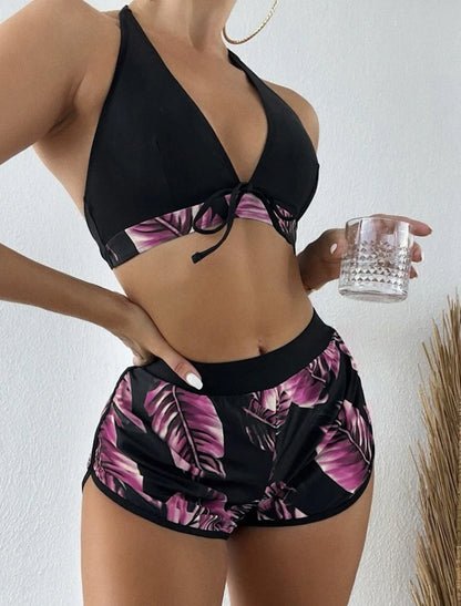 Women 2025 New Bikinis 6 Colors Sexy Halter Bikini 3 Piece Set Leafs Print High Waisted Swimsuit Beach Bathing Suit Size S-XXL