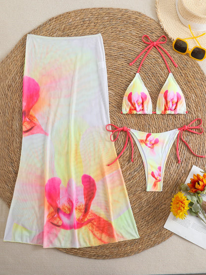 2025 New Flower Print Bikini Set Women's High Waist Long Skirt 3 Piece Swimsuit Sexy Mini Triangle Backless Thong Bathing Suit