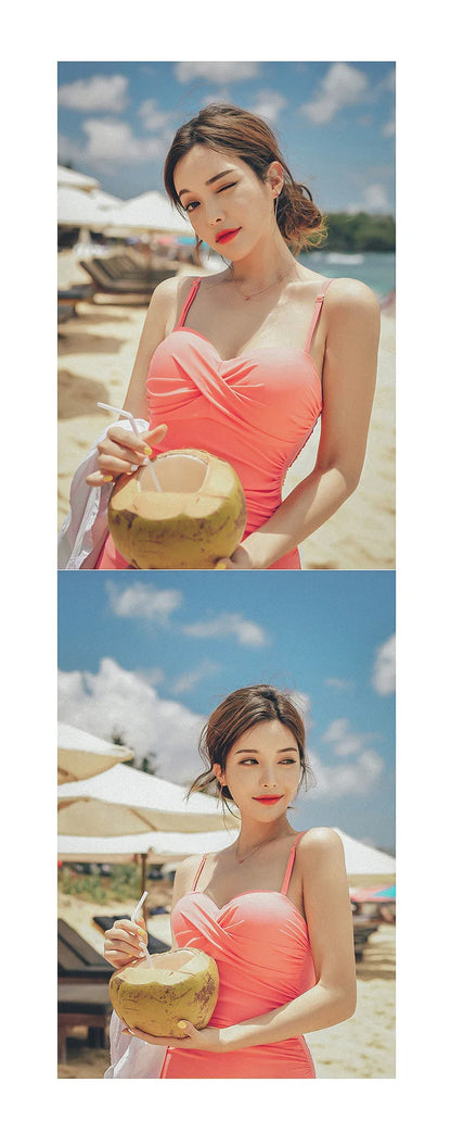 2024 Women One Piece Swimsuit Korean Red Beach Wear Tummy Control Bathing Suit Female Backless Monokini Padded Swimming Pool