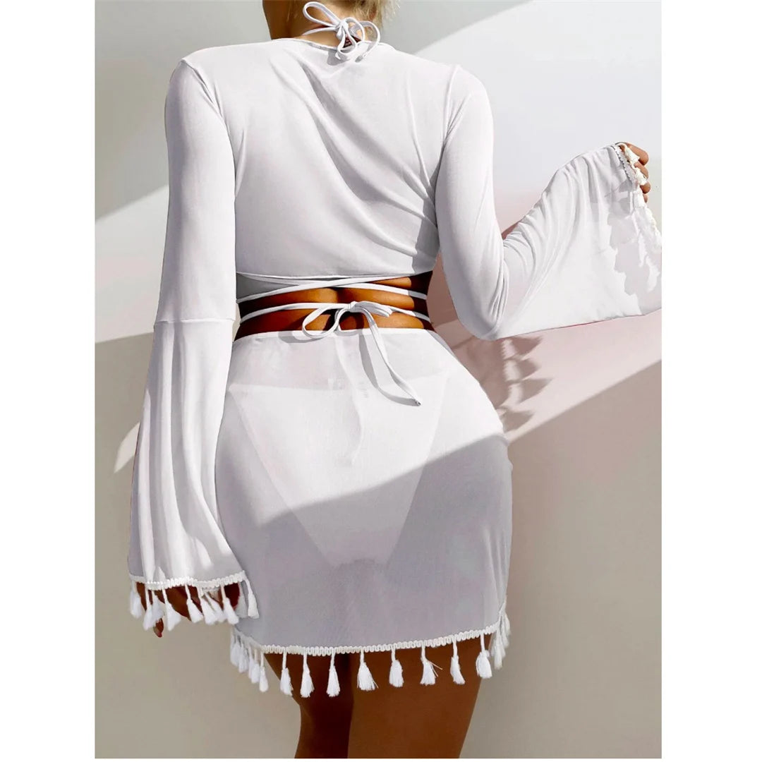 S - XL With Tassel Skirt Long Sleeve Bikini Women Swimwear Female Swimsuit Four-pieces Bikini set Bather Bathing Suit Swim V7060