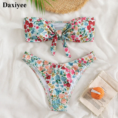Floral Print Bandeau Bikini Set Off Shoulder Push Up Swimsuit Women Tube Top Bikinis Knot Swimwear 2024 Sexy Summer Bathing Suit