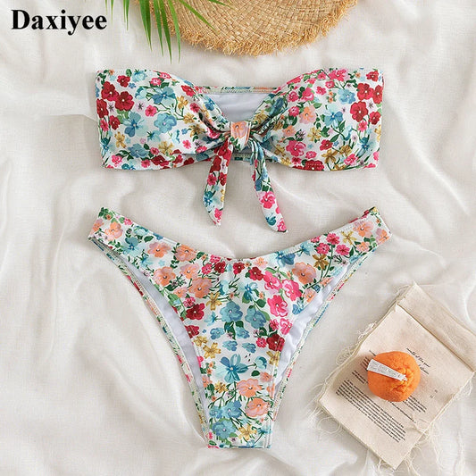 Floral Print Bandeau Bikini Set Off Shoulder Push Up Swimsuit Women Tube Top Bikinis Knot Swimwear 2024 Sexy Summer Bathing Suit
