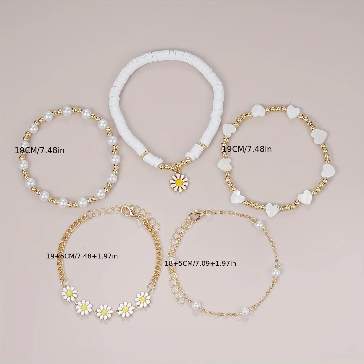 4pcs Vintage Daisy Flower Pendant Faux Pearl Bracelet Set for Women Bohemian Beaded Enamel Star Stackable Hand String Jewelry