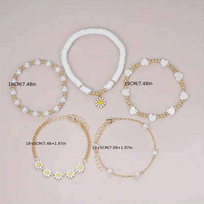 4pcs Vintage Daisy Flower Pendant Faux Pearl Bracelet Set for Women Bohemian Beaded Enamel Star Stackable Hand String Jewelry