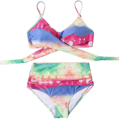 Hot 12 Colors Women Slim Bikini Sets High Waisted Sexy Swimwear 2 Pieces 2025 Solid/Floral Ruched Brazilian Swimsuit Cross Front