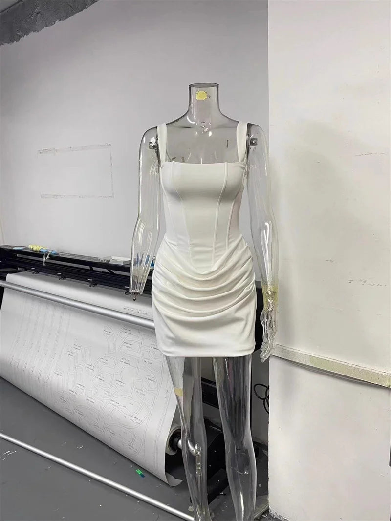 Mozision Backless Ruched Sexy Mini Dress Women Elegant Tapered Straps Square Collar Sleeveless High Waist Club Party Dress