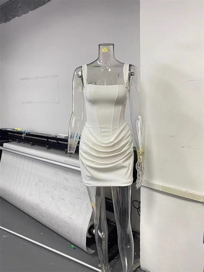 Mozision Backless Ruched Sexy Mini Dress Women Elegant Tapered Straps Square Collar Sleeveless High Waist Club Party Dress