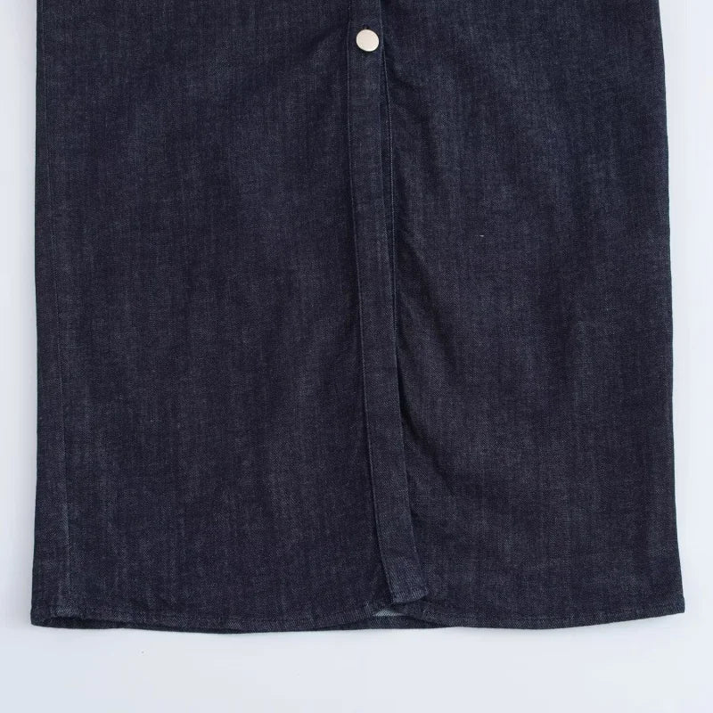 ETJ 2025  Spring New 1975 series denim MIDI dress with lapel side zipper fashion wrinkle waist slim elegant dress