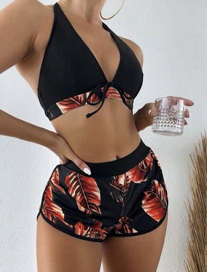 Women 2025 New Bikinis 6 Colors Sexy Halter Bikini 3 Piece Set Leafs Print High Waisted Swimsuit Beach Bathing Suit Size S-XXL