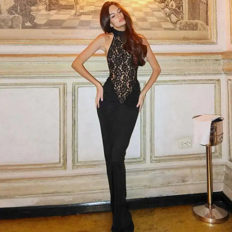 Mozision Lace Halter Backless Sexy Maxi Dress For Women Black Off-shoulder Strapless Sleeveless Bodycon Club Party Long Dress