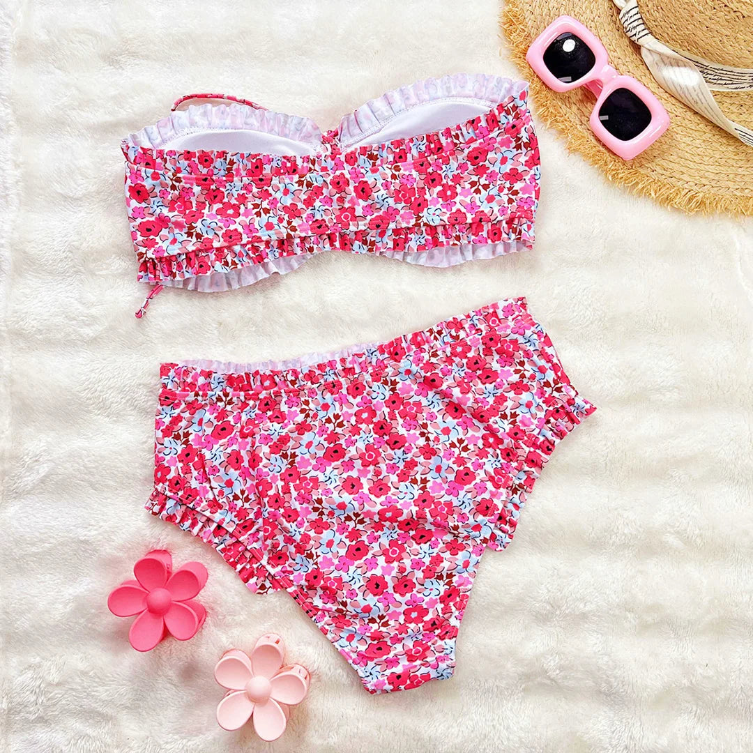 Flowers Printed Bandeau Female Swimsuit High Waist Bikini Women Swimwear Two-pieces Bikini set Bather Bathing Suit Swim V6613