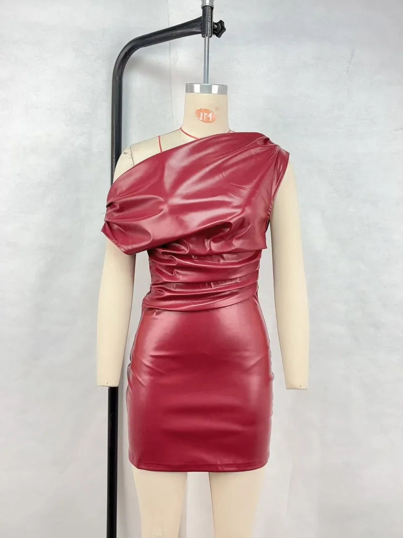 Luxury Leather Strapless Short Dress Chic Womens Summer Sexy Party Waist Curvy Dresses 2025 Evening Red Green Brown Y2K Cocktail