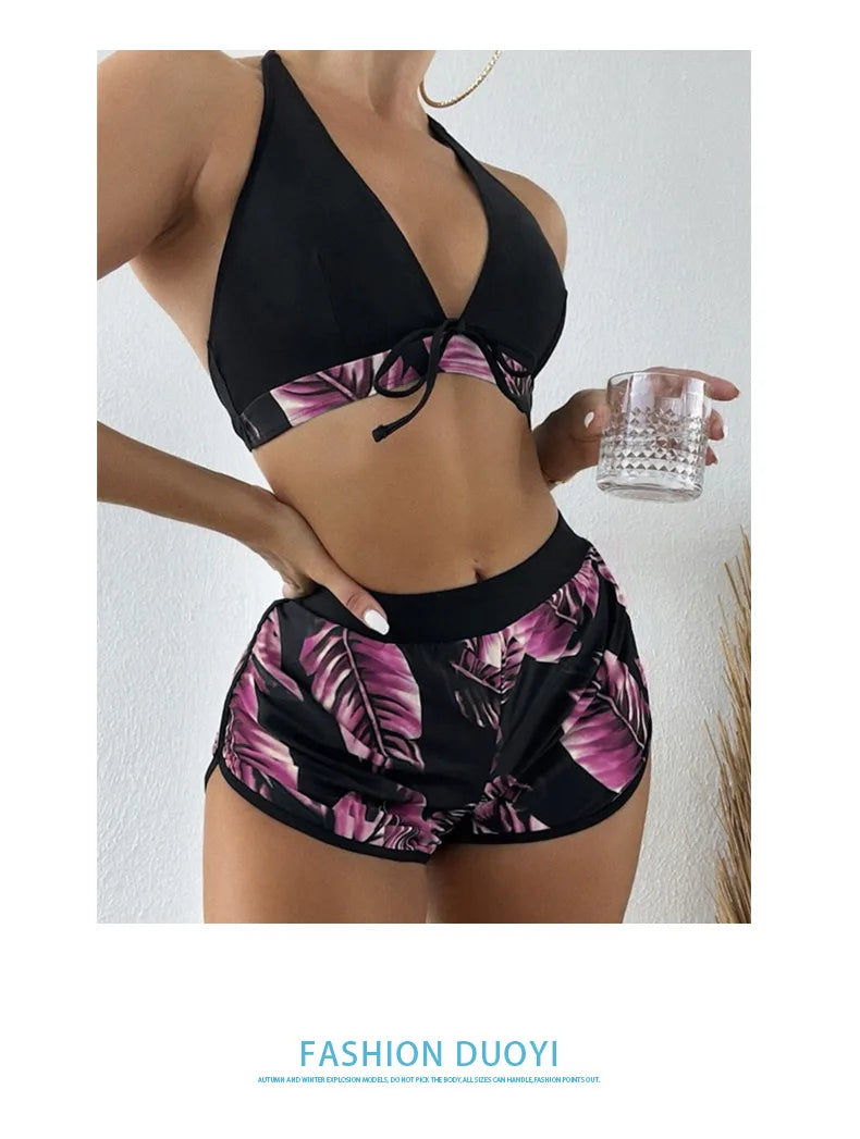 Women 2025 New Bikinis 6 Colors Sexy Halter Bikini 3 Piece Set Leafs Print High Waisted Swimsuit Beach Bathing Suit Size S-XXL