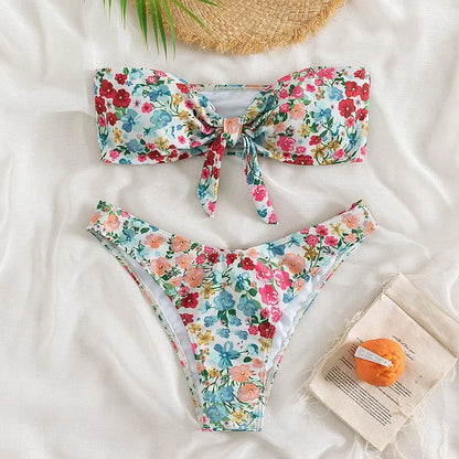 Floral Print Bandeau Bikini Set Off Shoulder Push Up Swimsuit Women Tube Top Bikinis Knot Swimwear 2024 Sexy Summer Bathing Suit