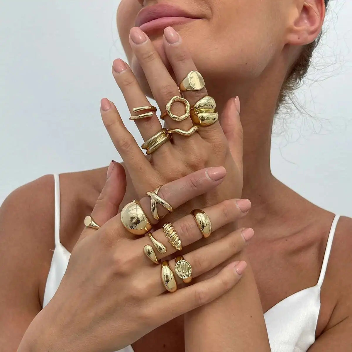 PuRui 14Pcs/Set Retro Creative Silver Color Rings for Women Men Gothic Chunky Thick Hollow Rings Finger Open Adjustable Jewelry