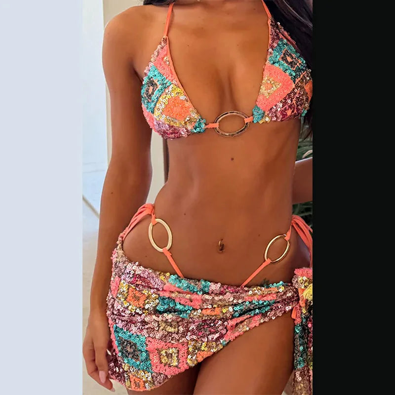 Sexy Sequin Bikini Skirt Sets Women Fashion Holiday Lace Up Top Ribbon Mini Skirts Female 2026 Summer Beach Lace Up Suits Lady